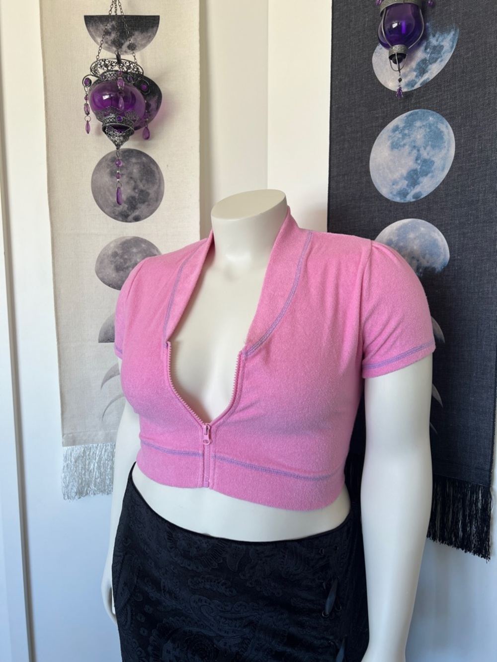 Sugar Thrillz OLD Dolls Kill Bubblegum Pink Zip-Up Towel Crop Top for Pool Swim